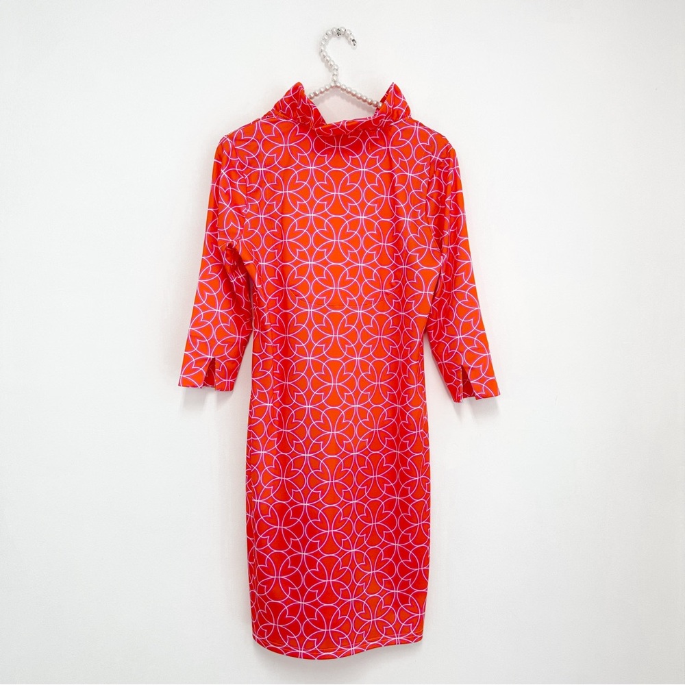 Gretchen Scott Jersey Ruffneck Dress in Geometric Floral Pink and Orange - Picture 3 of 7